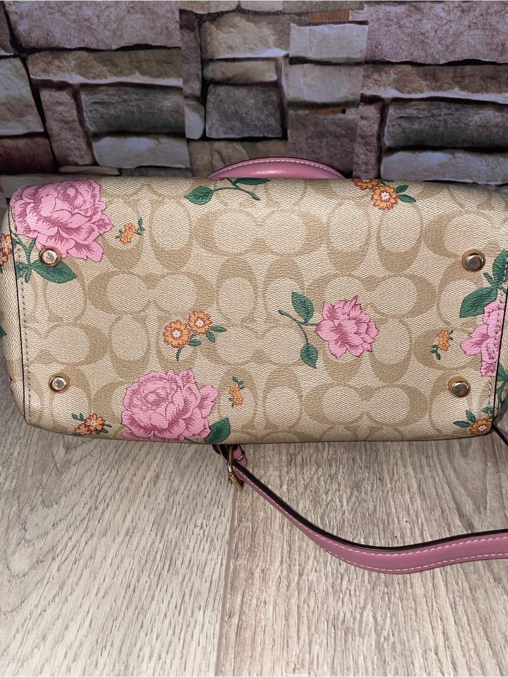 Coach Beige Signature Floral Dome Satchel with Pink Trim - Picture 7 of 13